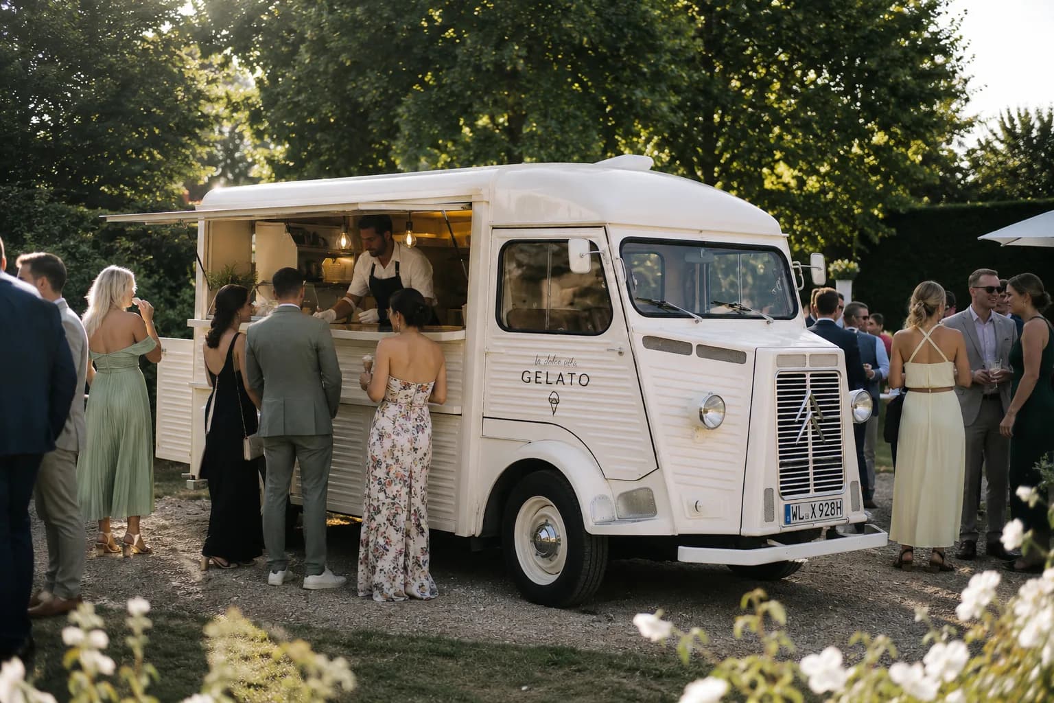 Cremefarbener Eiswagen mit Gelato-Theke auf einer Gartenhochzeit, Gäste warten mit Eis in der Hand
