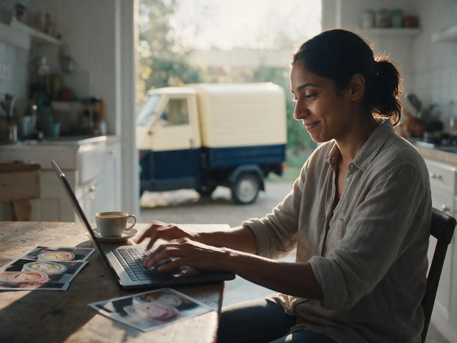 An ice cream seller sets up her profile on a laptop at the kitchen table, her ice cream van parked outside